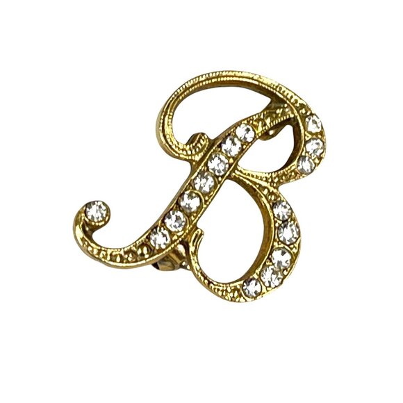 Gold-Tone "B" Initial Brooch Pin With Rhinestone Accents Textured Design - Picture 3 of 7